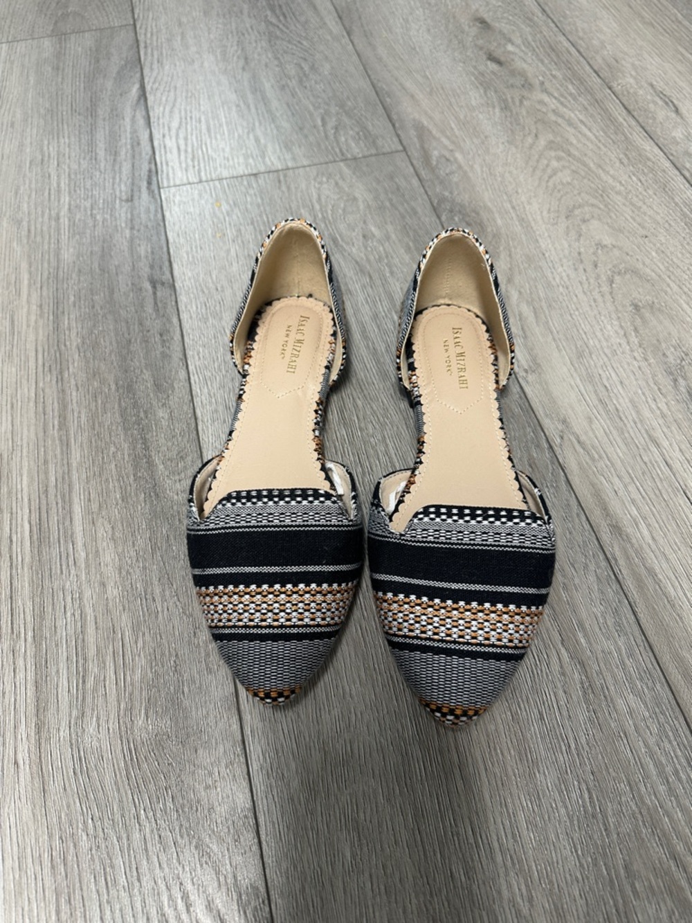 Franco Sarto Black and Tan Striped Pointed D'Orsay Flats